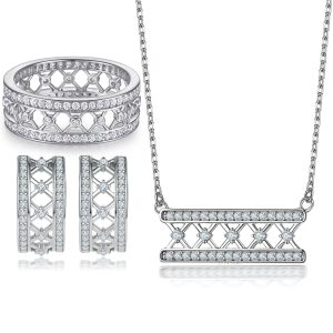 925 Sterling Silver Jewelry Set Women's Small Necklace Ring-Semi-Circular Lab Diamond-3-Piece Geometry Shape