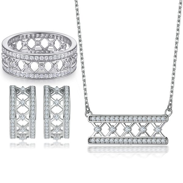 925 Sterling Silver Jewelry Set Women's Small Necklace Ring-Semi-Circular Lab Diamond-3-Piece Geometry Shape